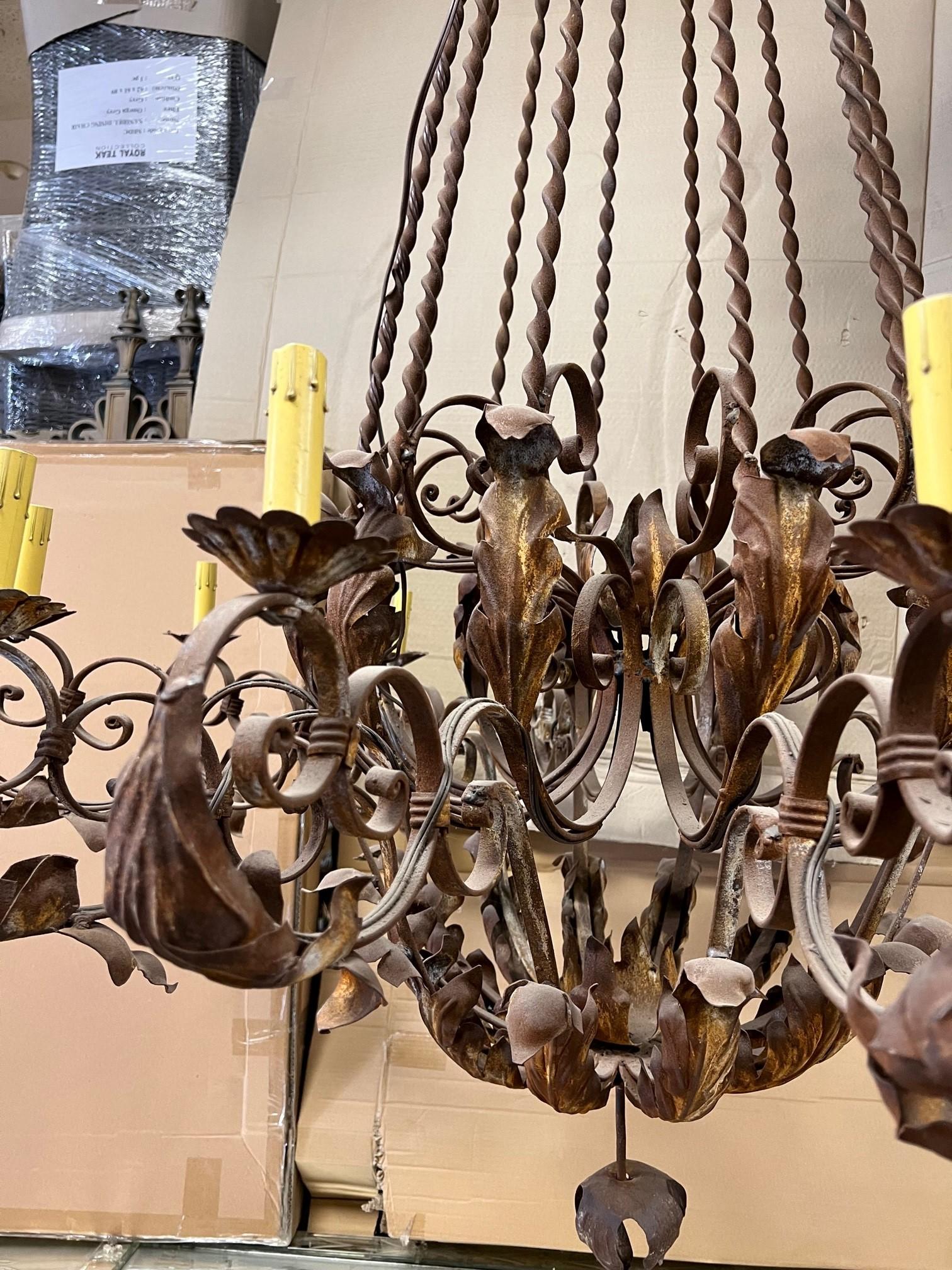 Unknown Large Wrought Iron 12 Light Chandelier with twisted iron and acanthus leaf   For Sale