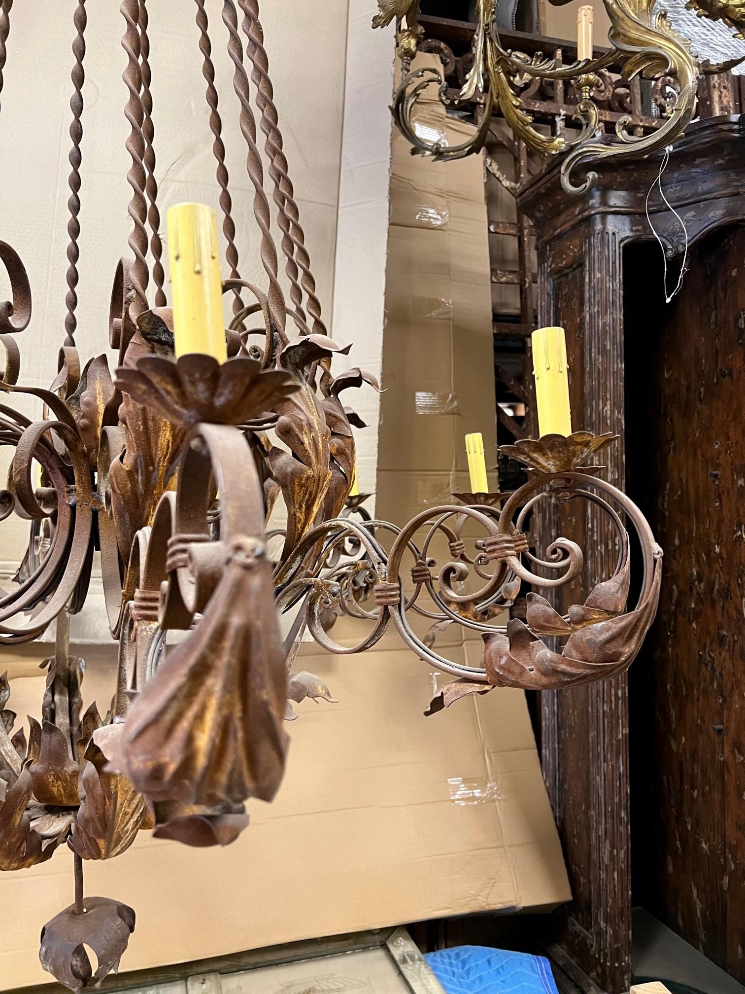 Large Wrought Iron 12 Light Chandelier with twisted iron and acanthus leaf   In Good Condition For Sale In Stamford, CT