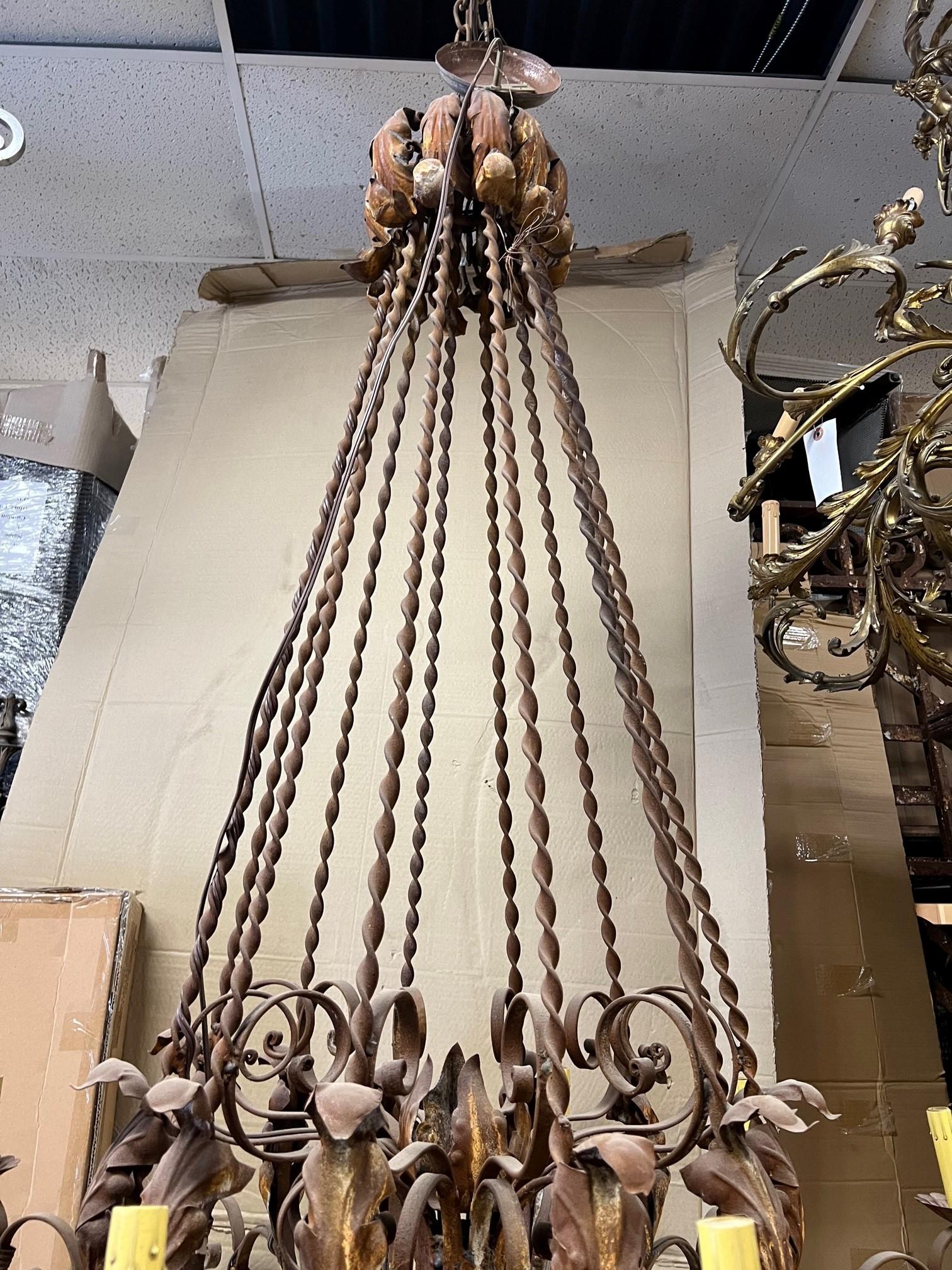 Contemporary Large Wrought Iron 12 Light Chandelier with twisted iron and acanthus leaf   For Sale