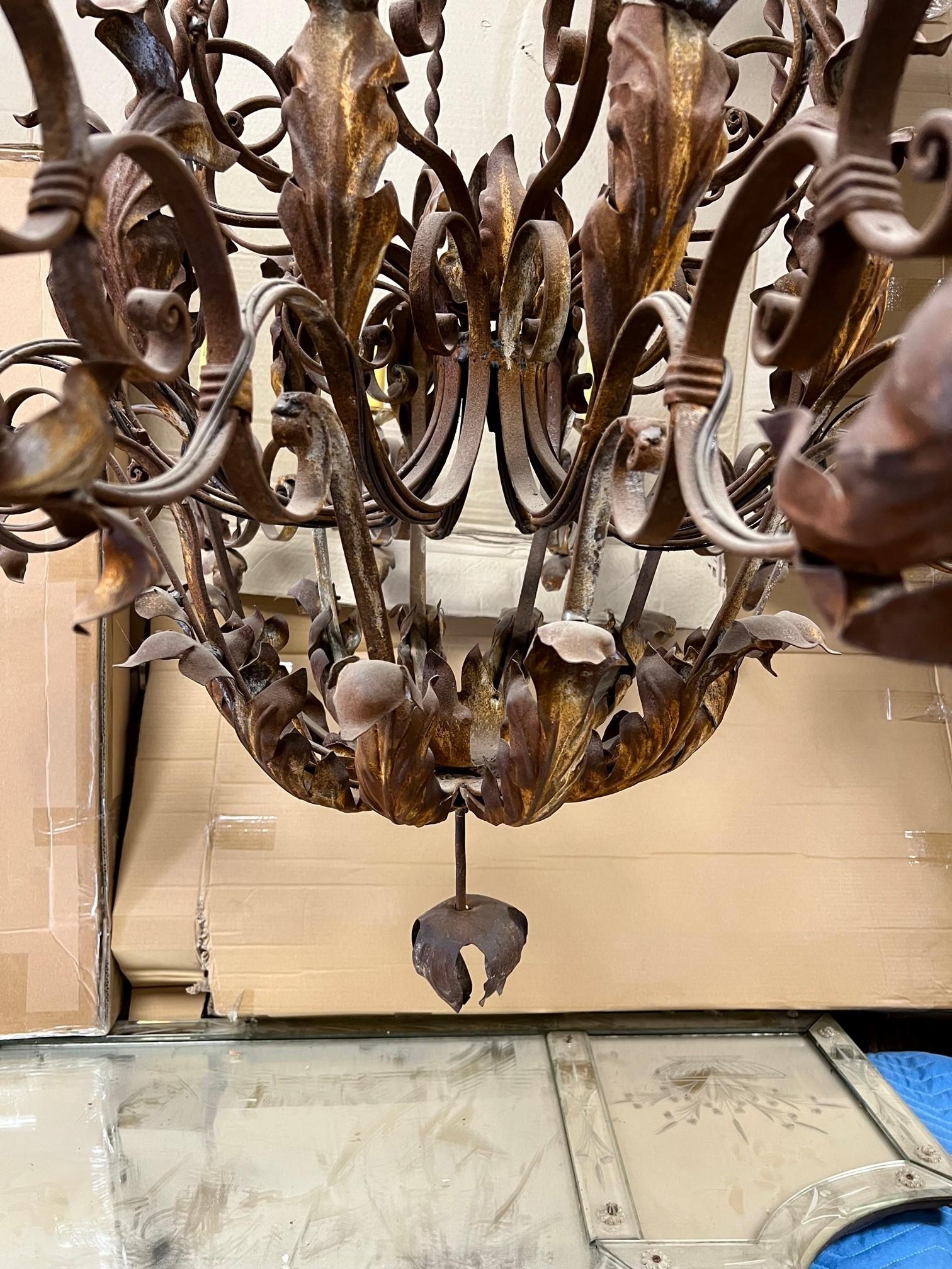 Large Wrought Iron 12 Light Chandelier with twisted iron and acanthus leaf   For Sale 1