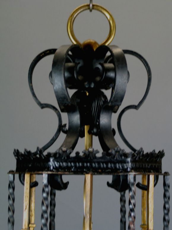 Large English  Wrought Iron and Gilt Bronze Lantern, circa 1910s In Good Condition For Sale In Douglas Manor, NY