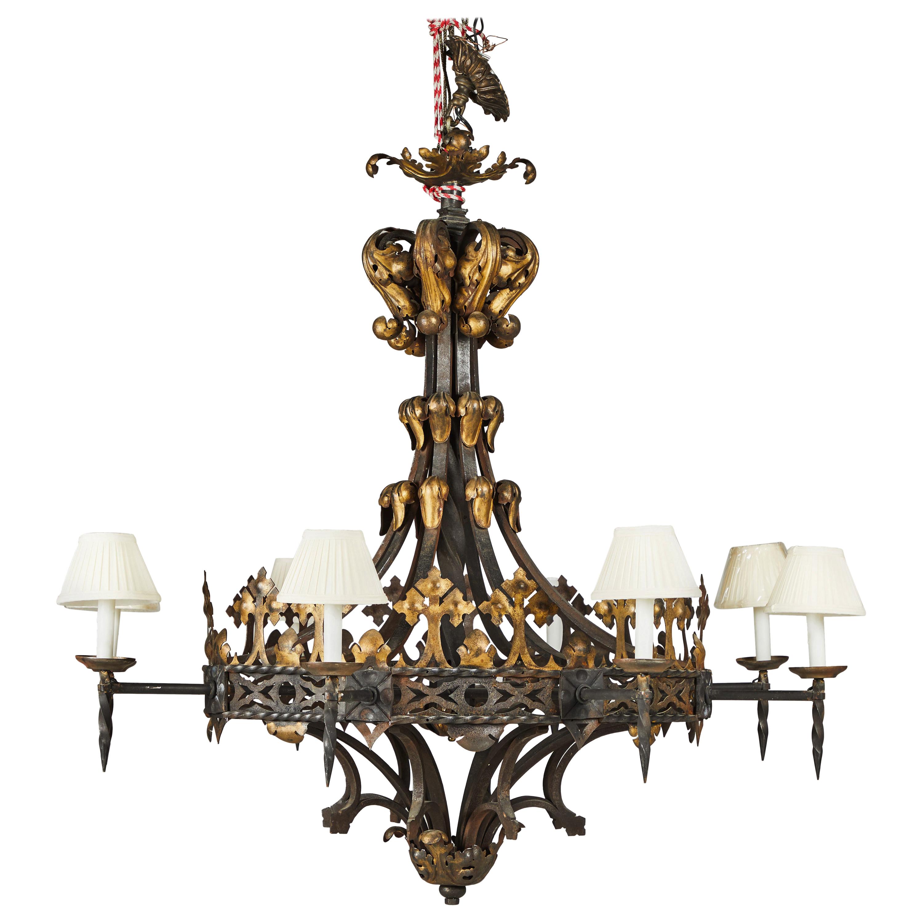 Large Wrought Iron and Gilt Decorated Chandelier, Late 19th Century For Sale