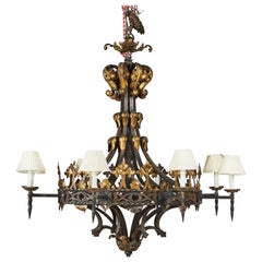Large Wrought Iron and Gilt Decorated Chandelier, Late 19th Century