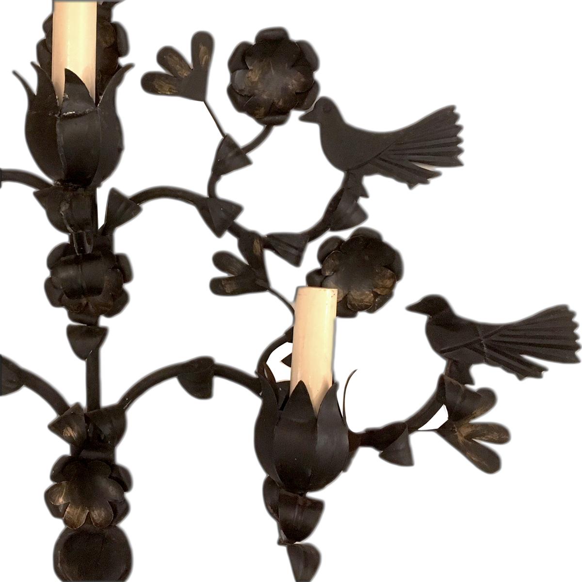 A pair of large circa 1940s American wrought iron sconces with birds and foliage motif. 

Measurements:
Height: 24