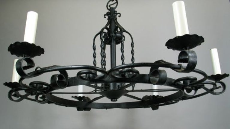 Large French Wrought Iron Hand Made   Chandelier, circa 1920s In Good Condition For Sale In Douglas Manor, NY