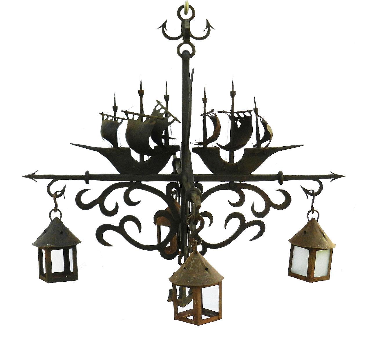 Large Wrought Iron Chandelier Marine Galleon Dolphin Attributed to Poillerat 2