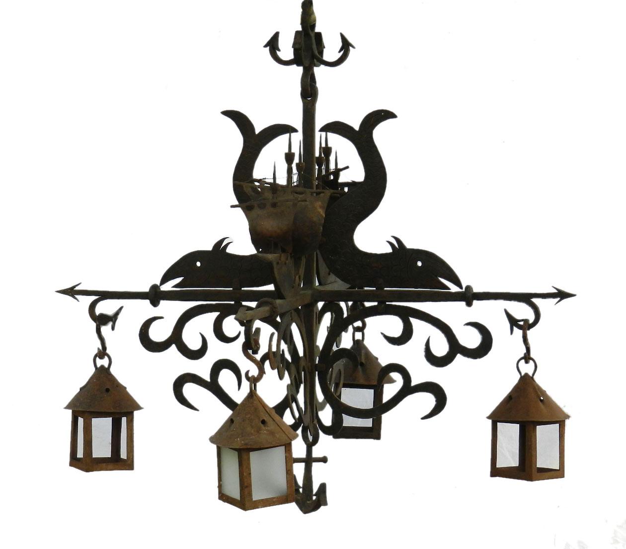 Large Wrought Iron Chandelier Marine Galleon Dolphin Attributed to Poillerat 3
