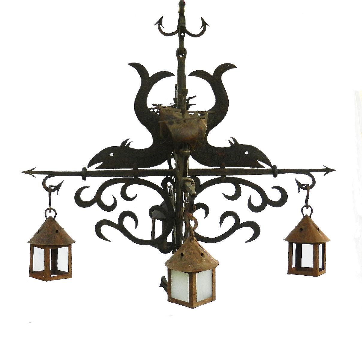 Wrought Iron Chandelier attributed to Poillerat one of a kind, circa 1930
Rare and unique
With midcentury Arts & Crafts Neo Baroque influences typical of the era
Hand forged chandelier sculpture with galleons and dolphins
Four glass and metal