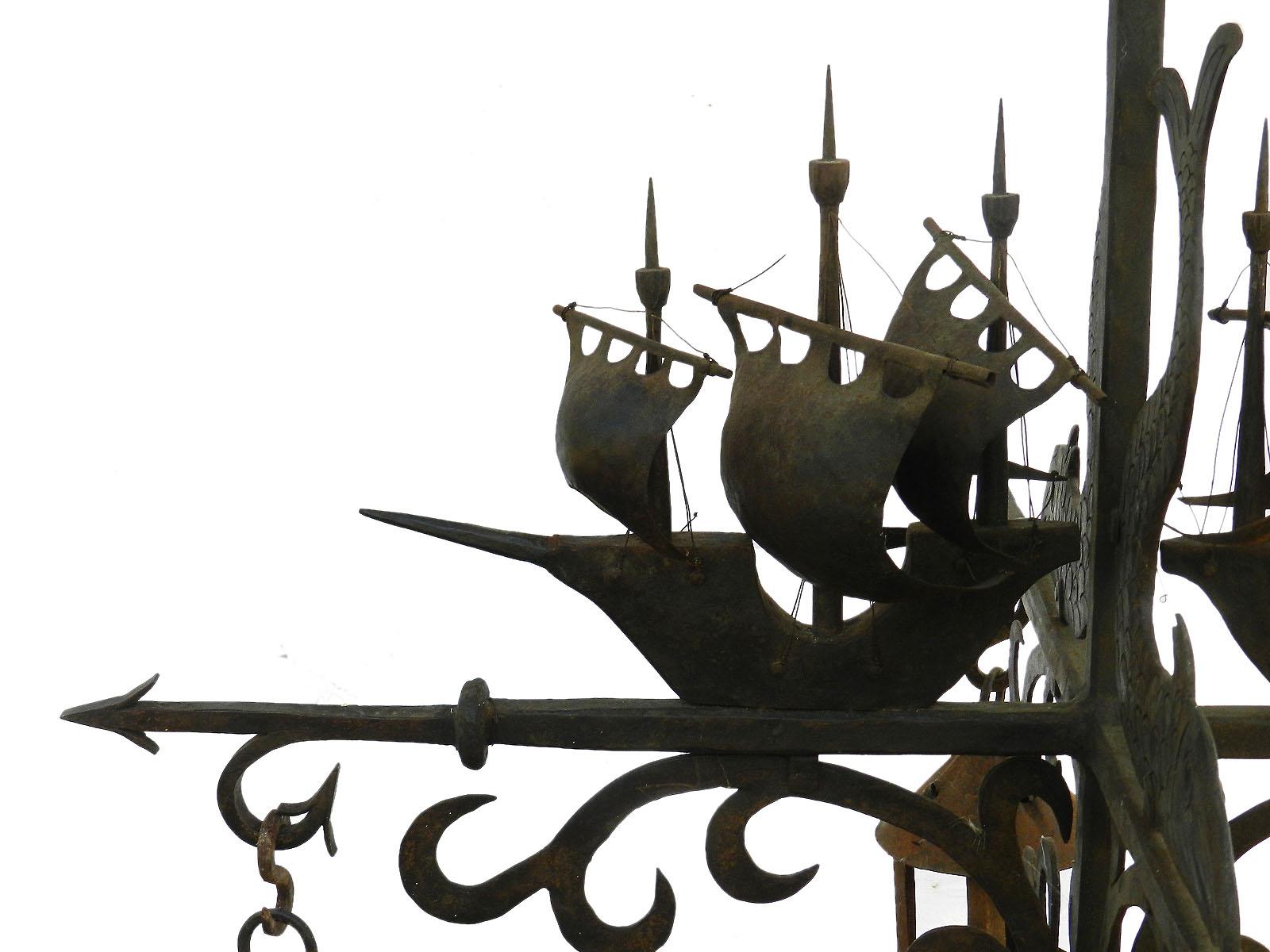 Baroque Revival Large Wrought Iron Chandelier Marine Galleon Dolphin Attributed to Poillerat