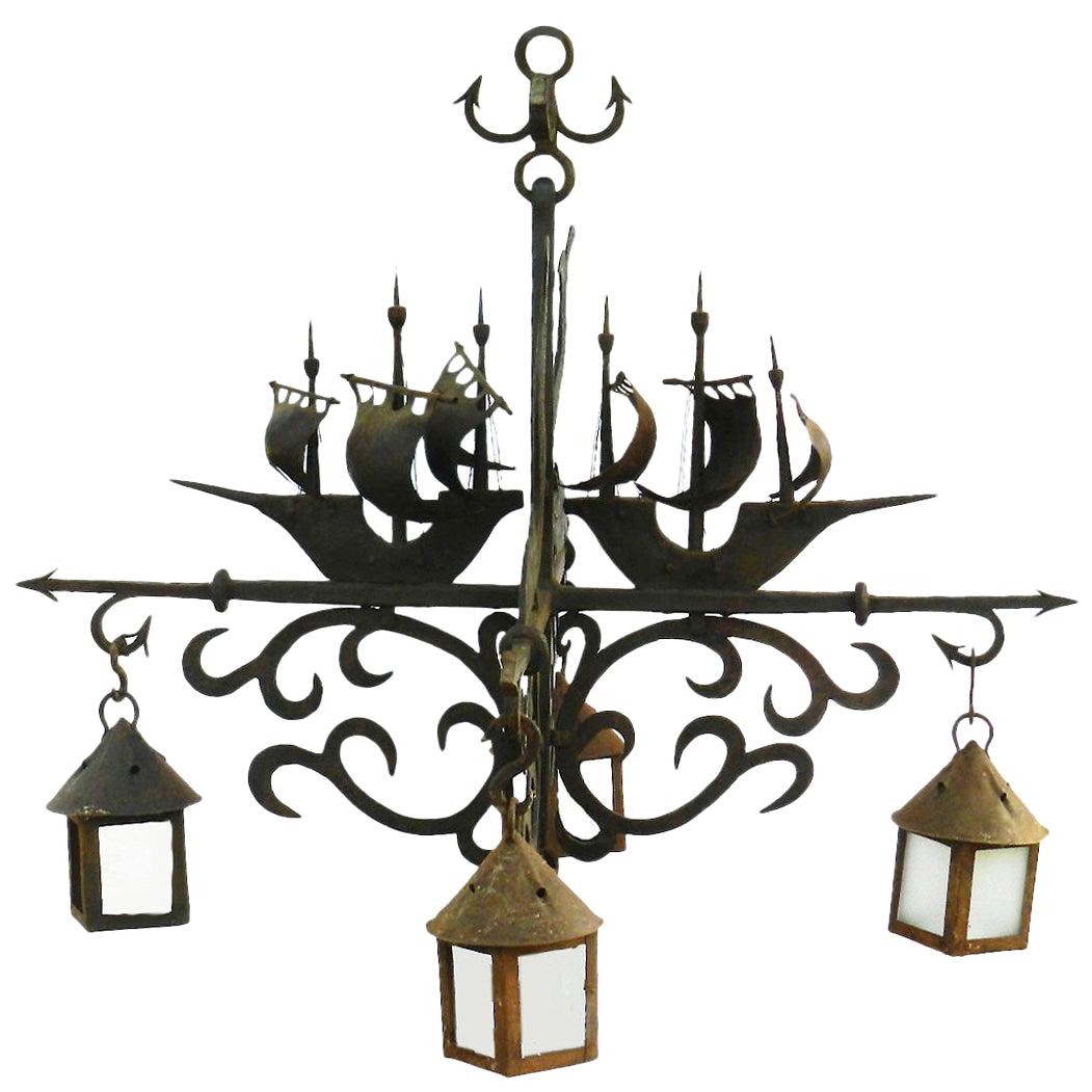 Large Wrought Iron Chandelier Marine Galleon Dolphin Attributed to Poillerat