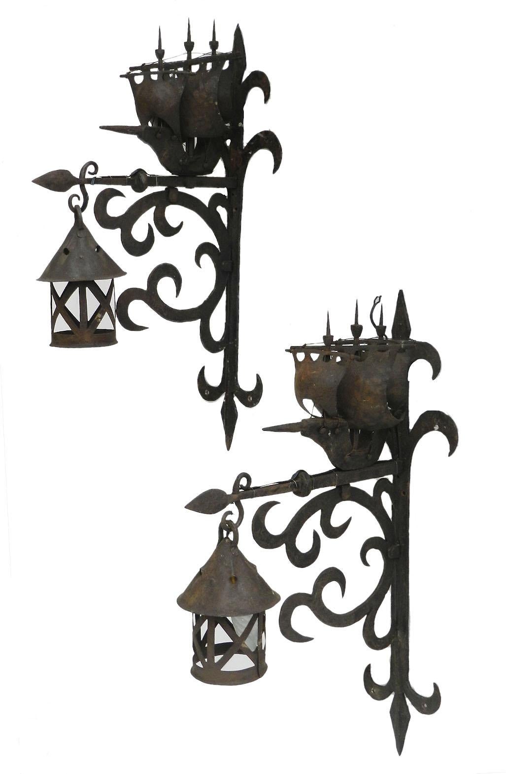 Large Wrought Iron Chandelier and Sconces manner of Poillerat Galleon Dolphin 7