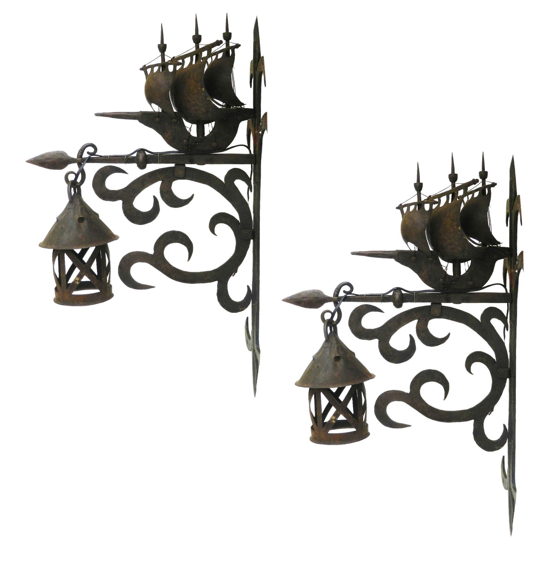 Baroque Revival Large Wrought Iron Chandelier and Sconces manner of Poillerat Galleon Dolphin