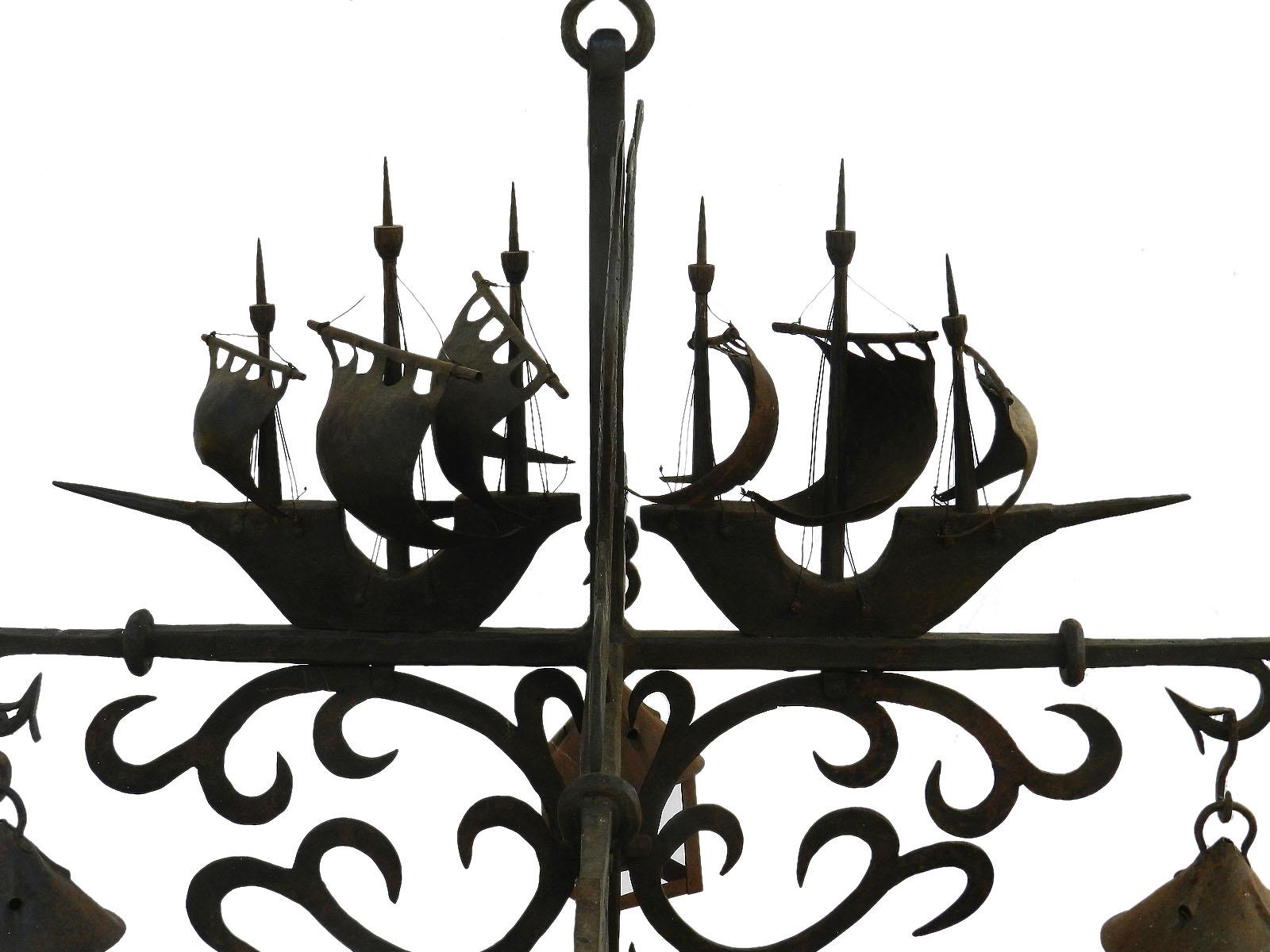 French Large Wrought Iron Chandelier and Sconces manner of Poillerat Galleon Dolphin