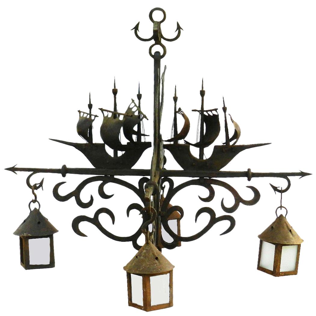 Large Wrought Iron Chandelier and Sconces manner of Poillerat Galleon Dolphin