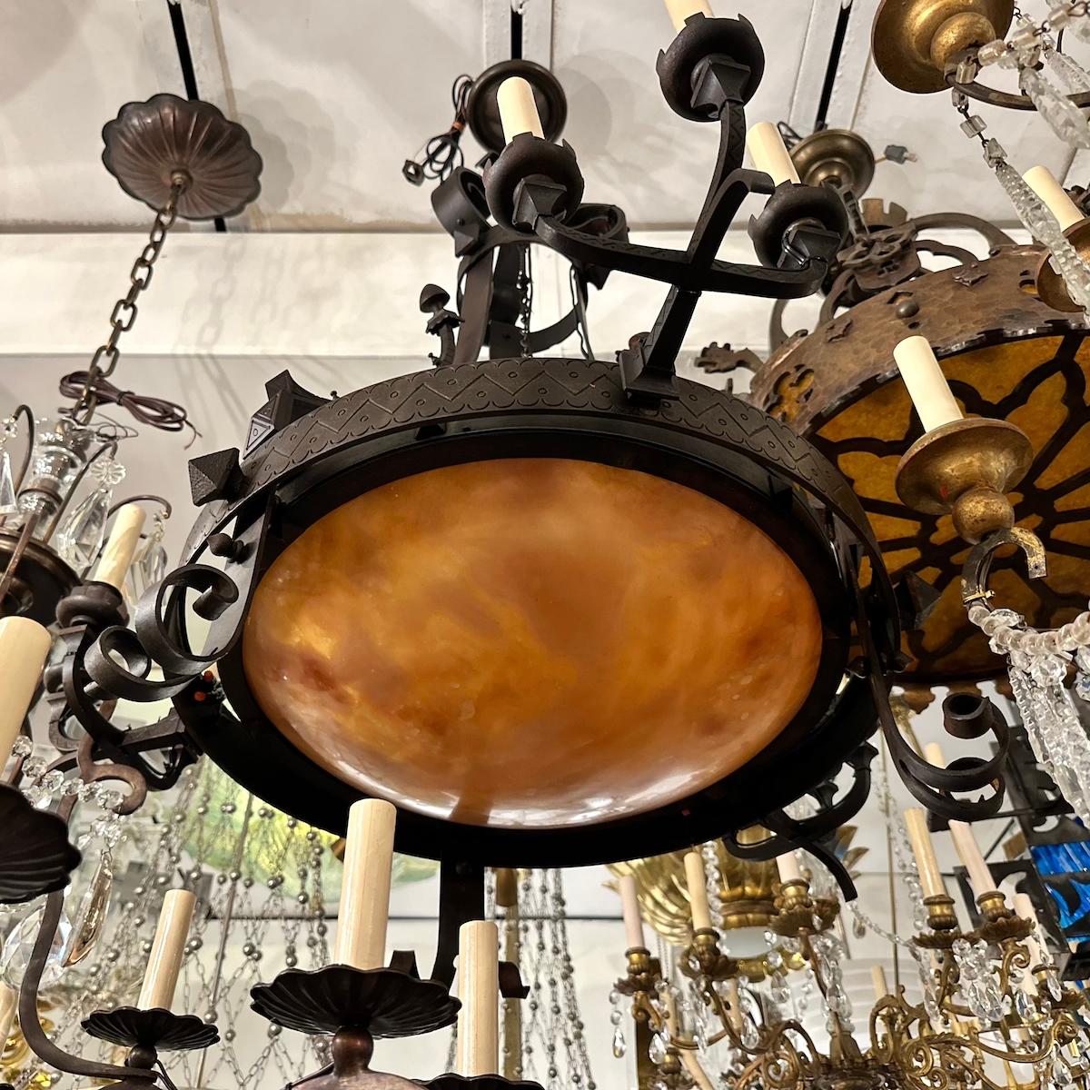 Large Wrought Iron Chandelier with Alabaster For Sale 3