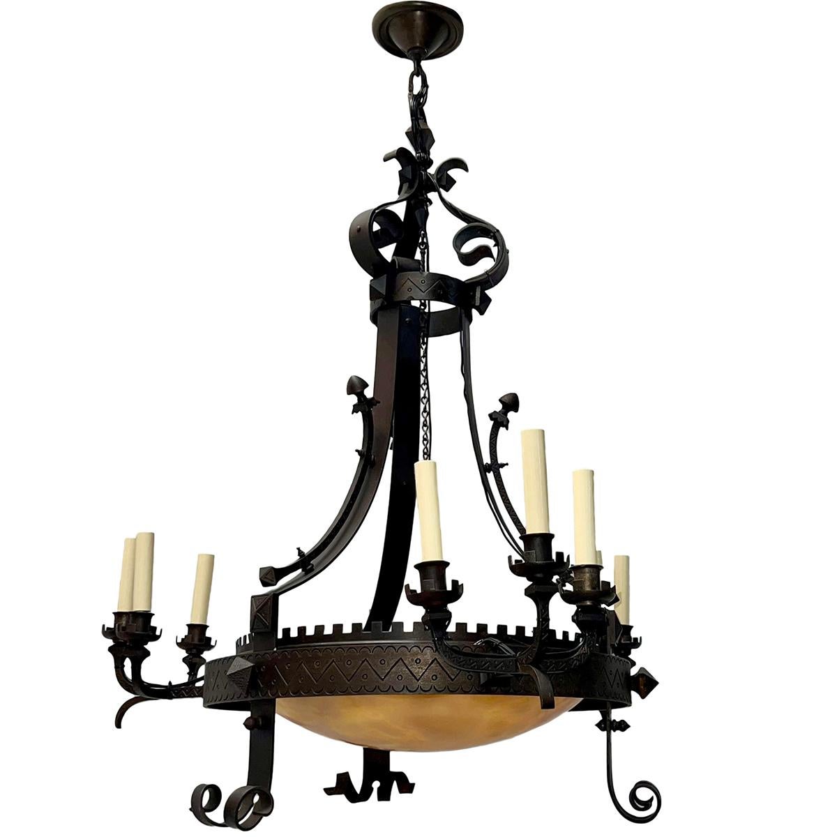 Italian Large Wrought Iron Chandelier with Alabaster For Sale