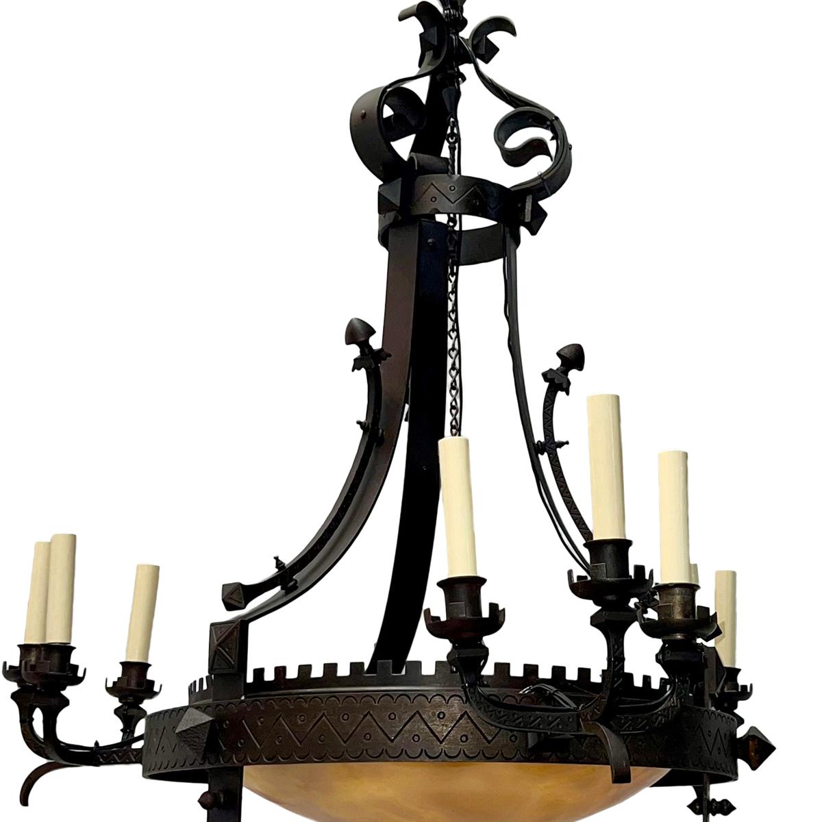 Hand-Carved Large Wrought Iron Chandelier with Alabaster For Sale