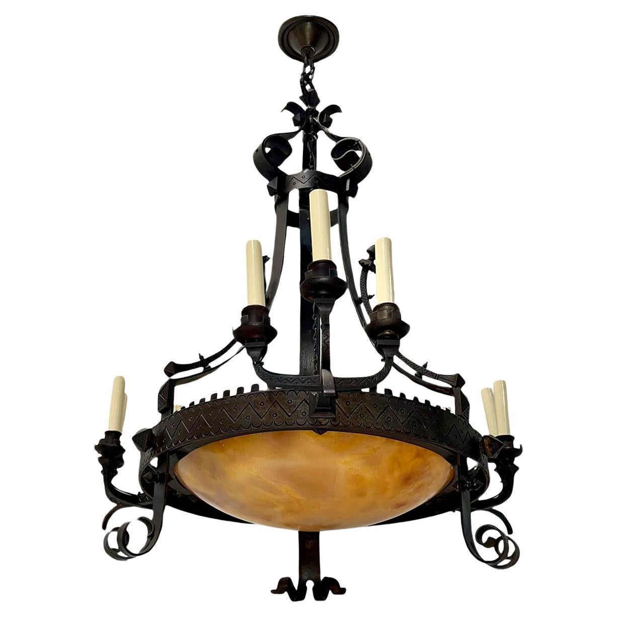 Large Wrought Iron Chandelier with Alabaster For Sale