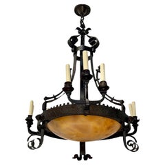 Used Large Wrought Iron Chandelier with Alabaster