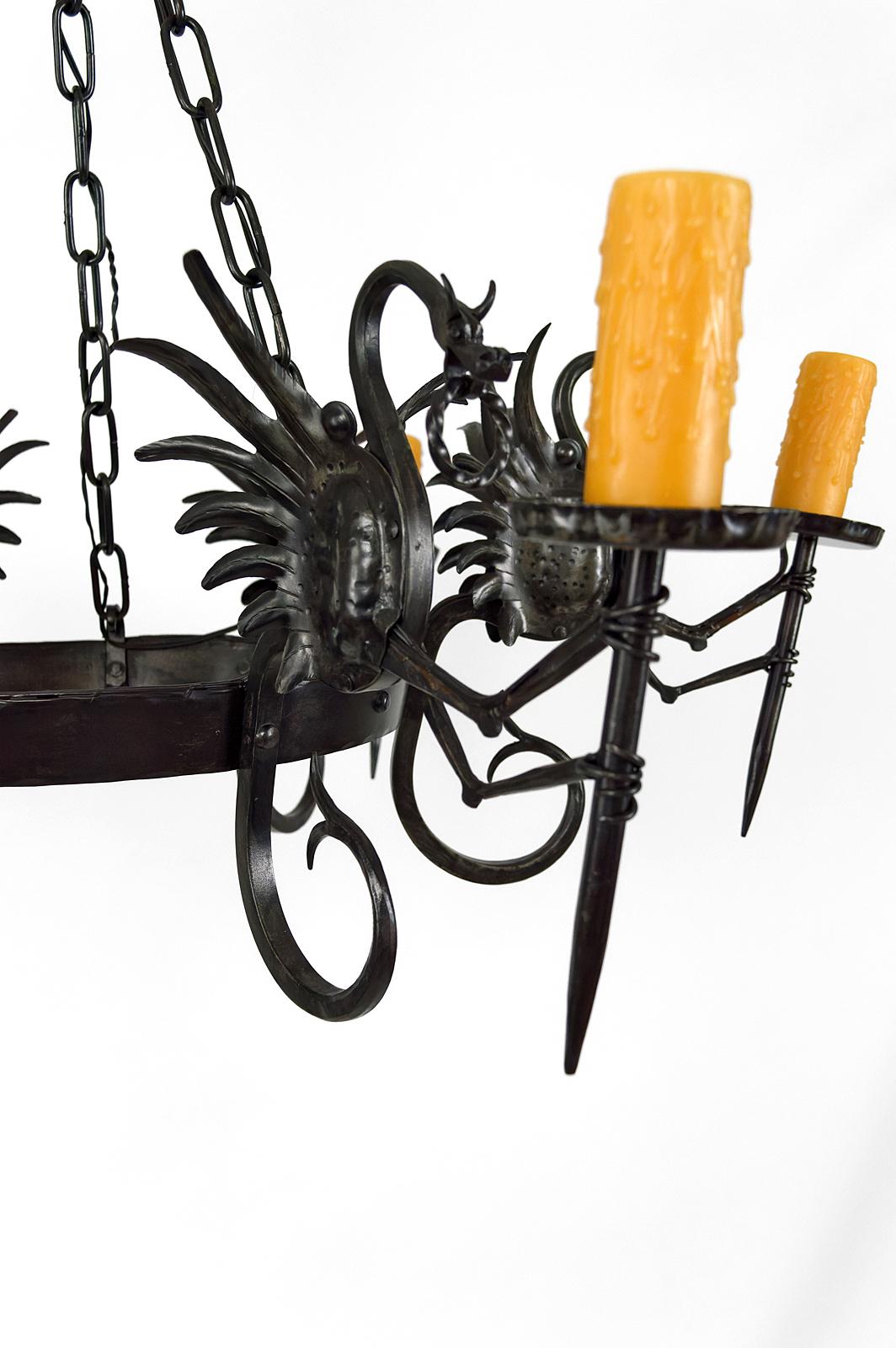 Large Wrought Iron Chandelier with Dragons, Italy, circa 1900 For Sale 4