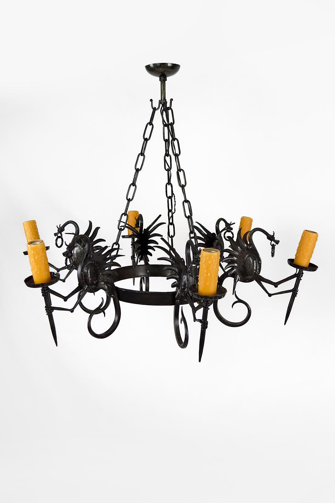 Italian Large Wrought Iron Chandelier with Dragons, Italy, circa 1900 For Sale