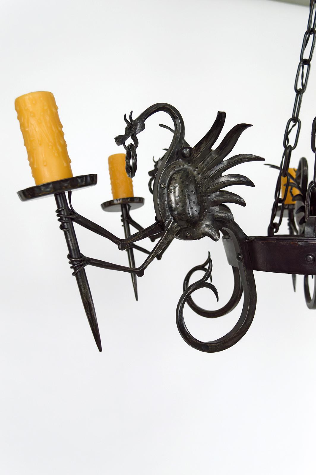 Early 20th Century Large Wrought Iron Chandelier with Dragons, Italy, circa 1900 For Sale