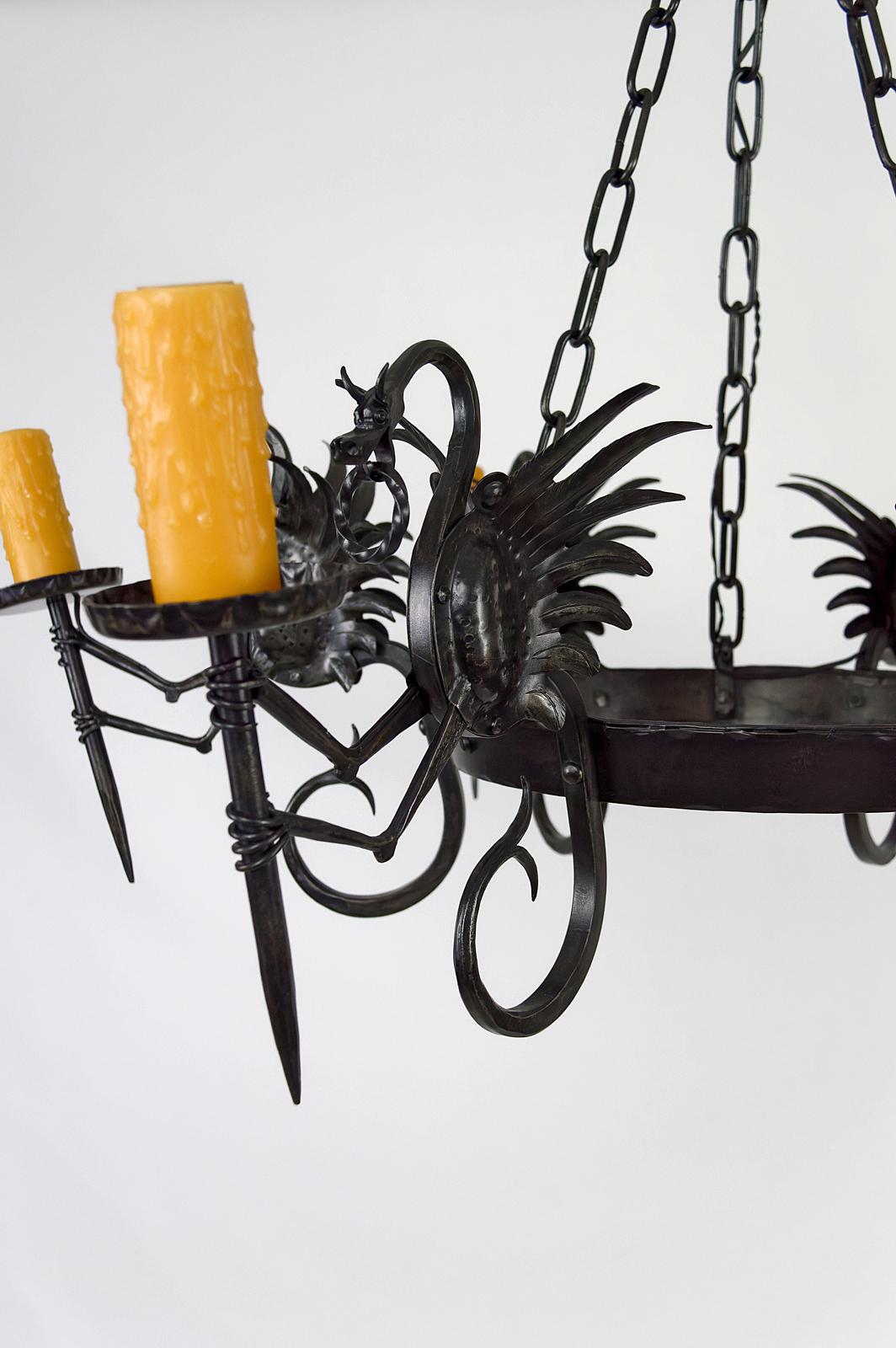 Large Wrought Iron Chandelier with Dragons, Italy, circa 1900 For Sale 3