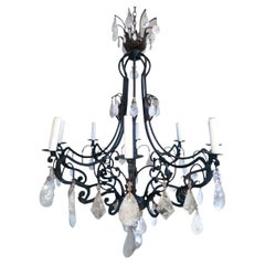 Large Wrought Iron Chandelier with Rock Crystal Drops & Prisms, Italy, 20th C.