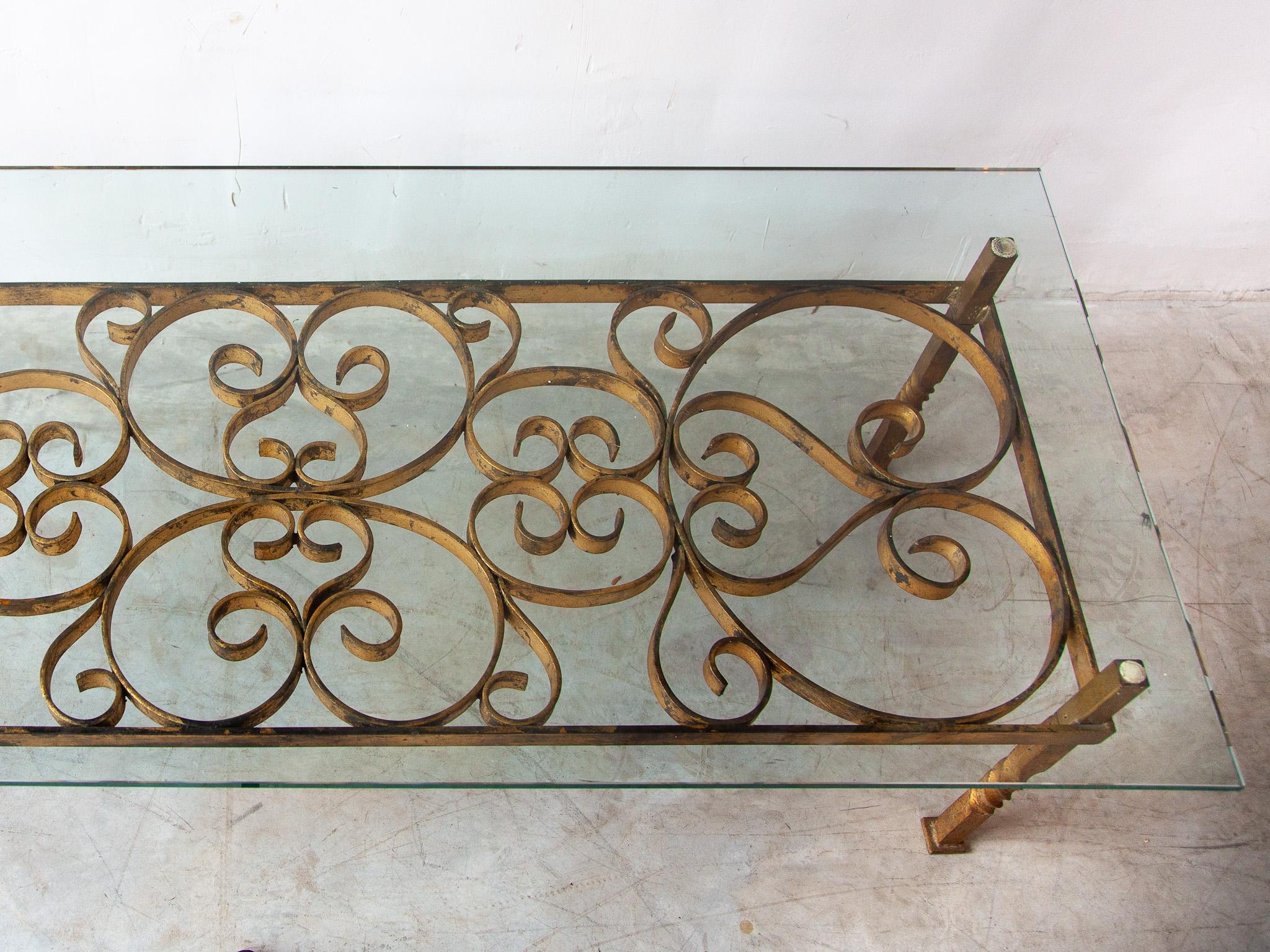 French Large Wrought Iron Coffee Table in the Manner of Gilbert Poillerat, France, 1950s For Sale