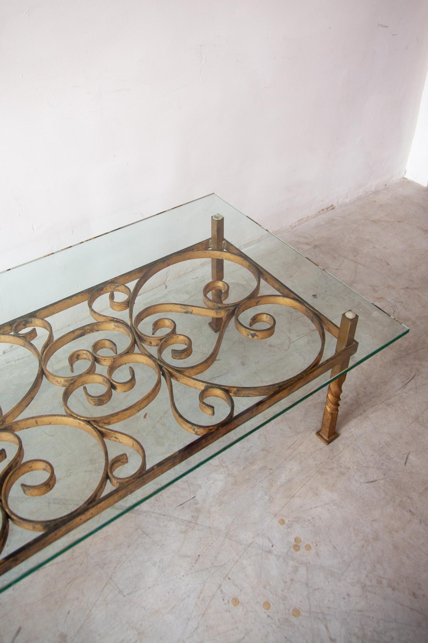 Gilt Large Wrought Iron Coffee Table in the Manner of Gilbert Poillerat, France, 1950s For Sale