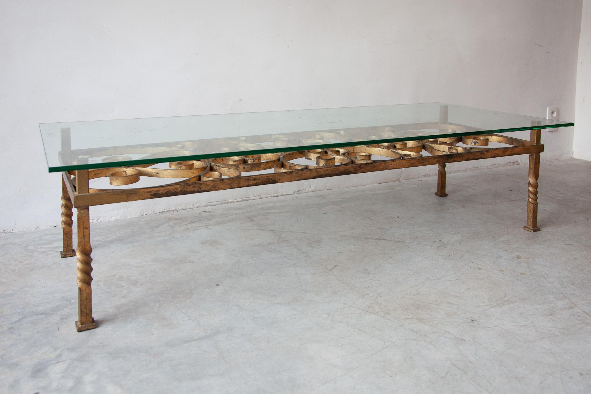 Glass Large Wrought Iron Coffee Table in the Manner of Gilbert Poillerat, France, 1950s For Sale