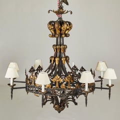Large Wrought Iron and Gilt Decorated Chandelier, Late 19th Century