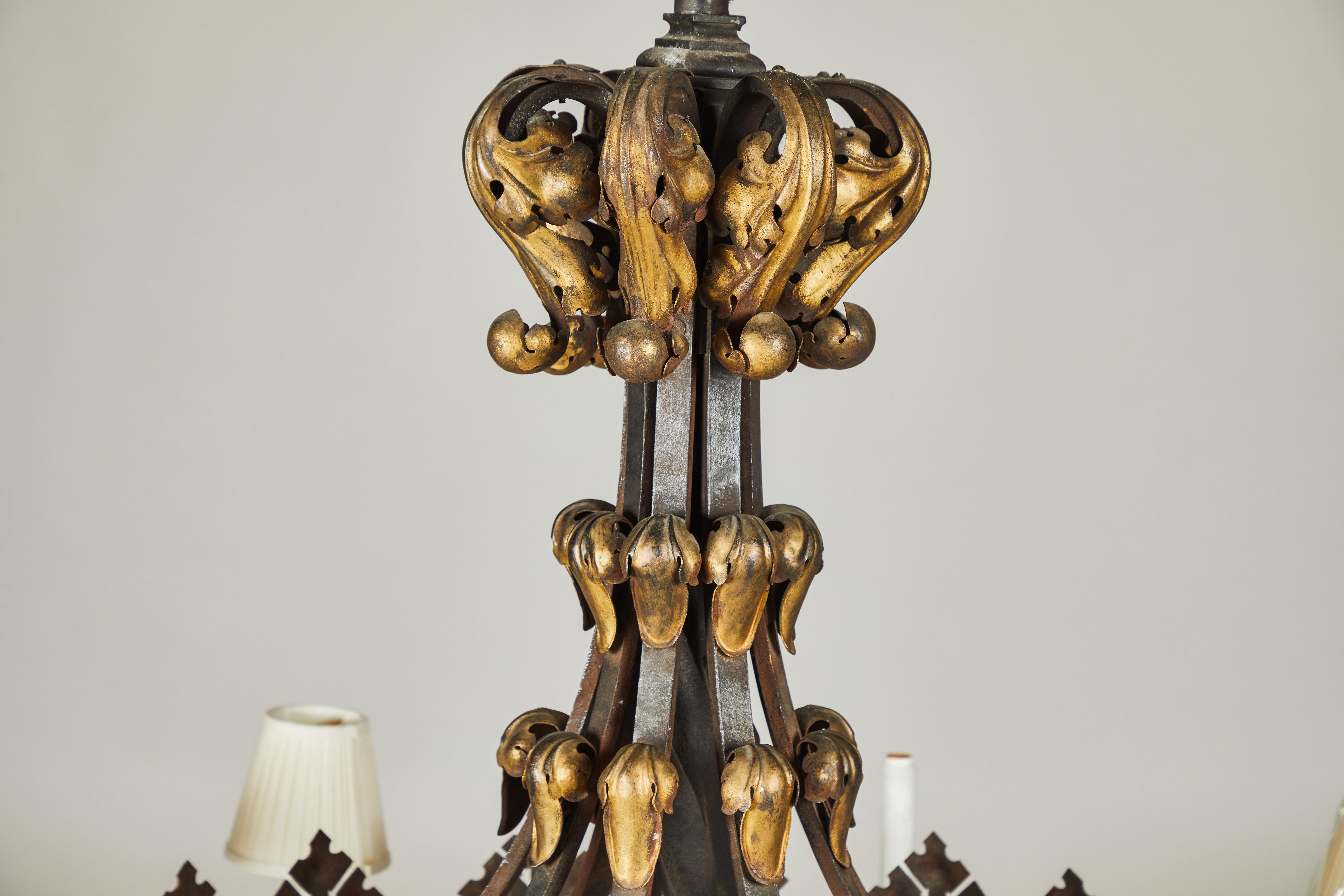 European Large Wrought Iron and Gilt Decorated Chandelier, Late 19th Century For Sale