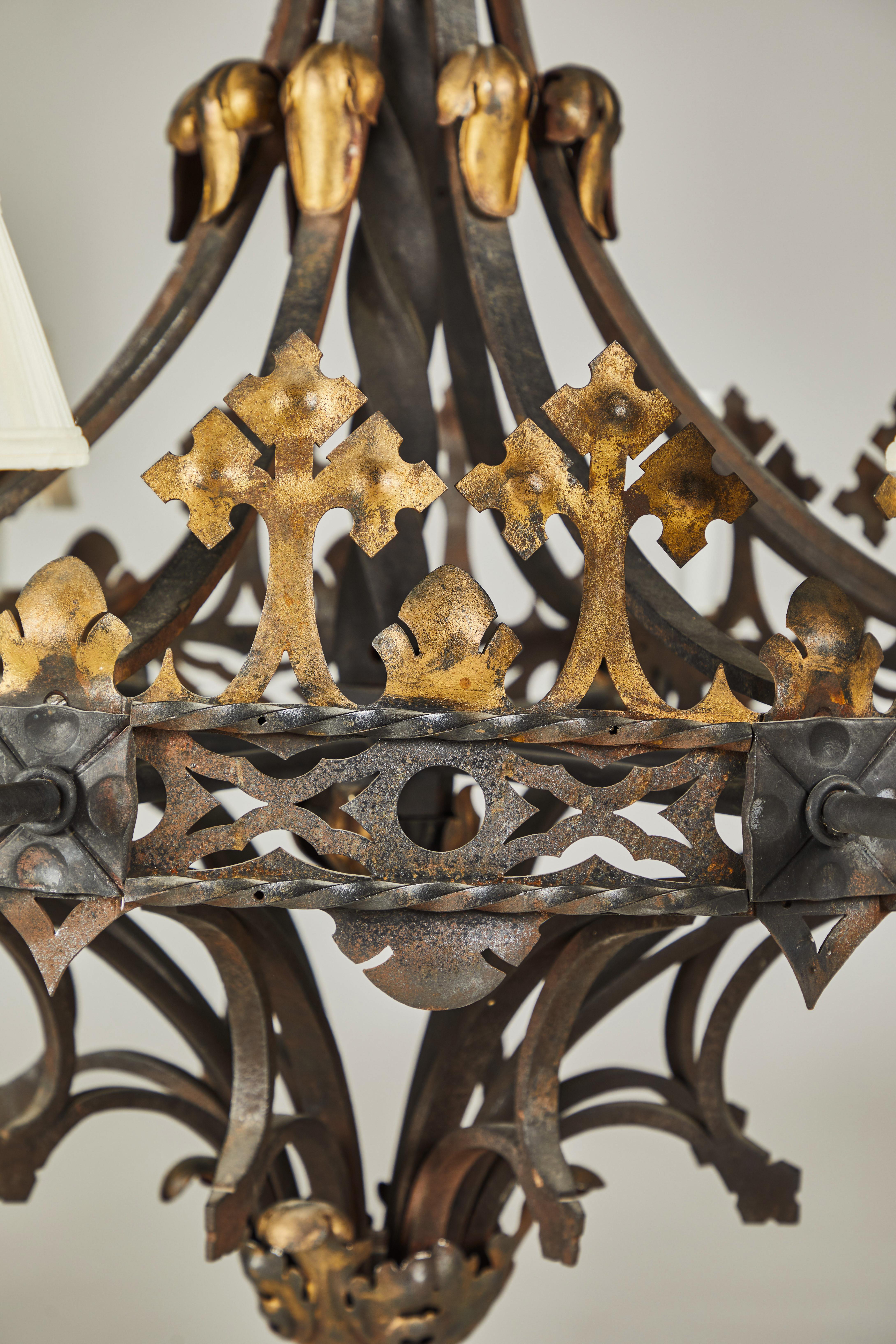 Large Wrought Iron and Gilt Decorated Chandelier, Late 19th Century For Sale 1