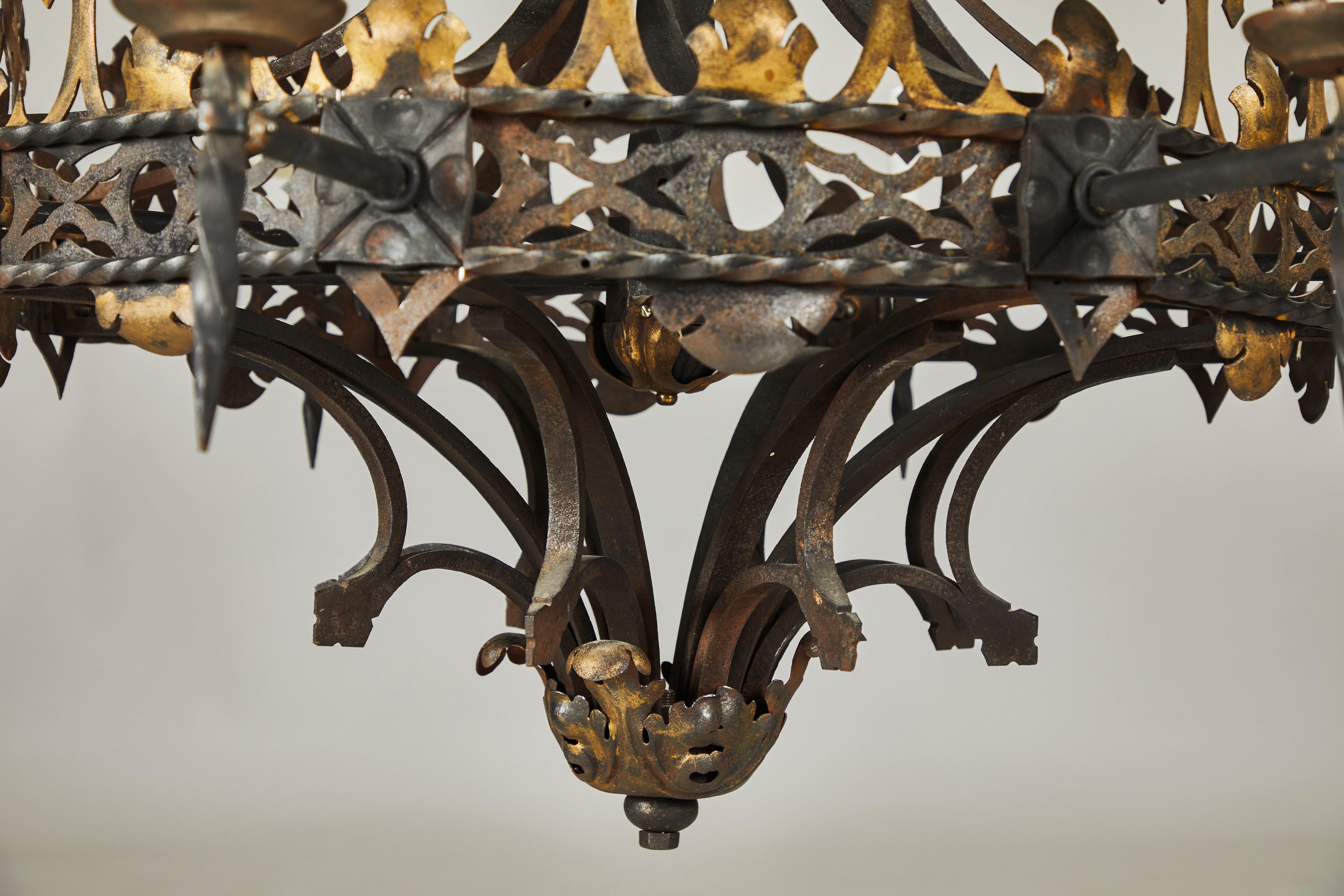 Large Wrought Iron and Gilt Decorated Chandelier, Late 19th Century For Sale 3