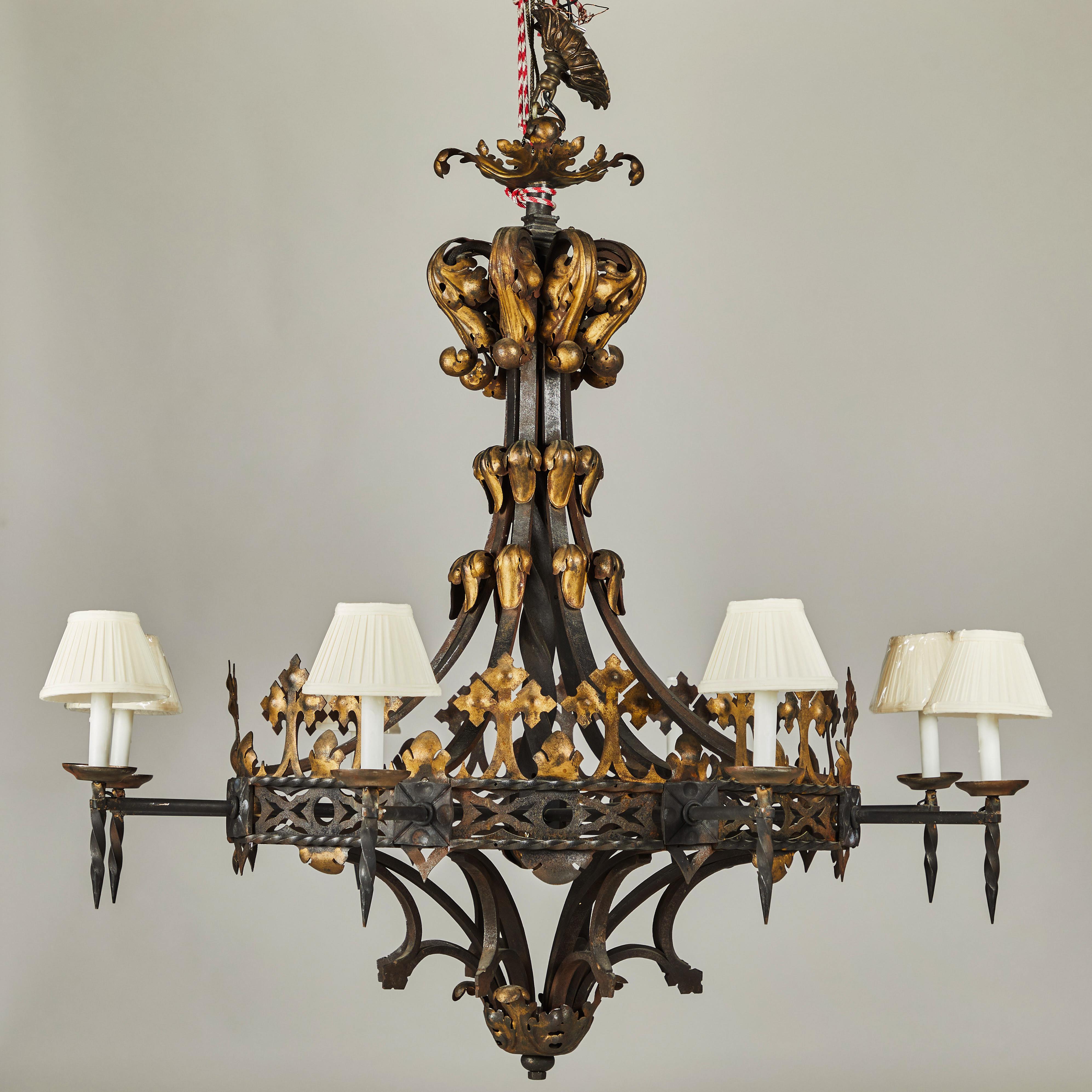 Large Wrought Iron and Gilt Decorated Chandelier, Late 19th Century For Sale 4