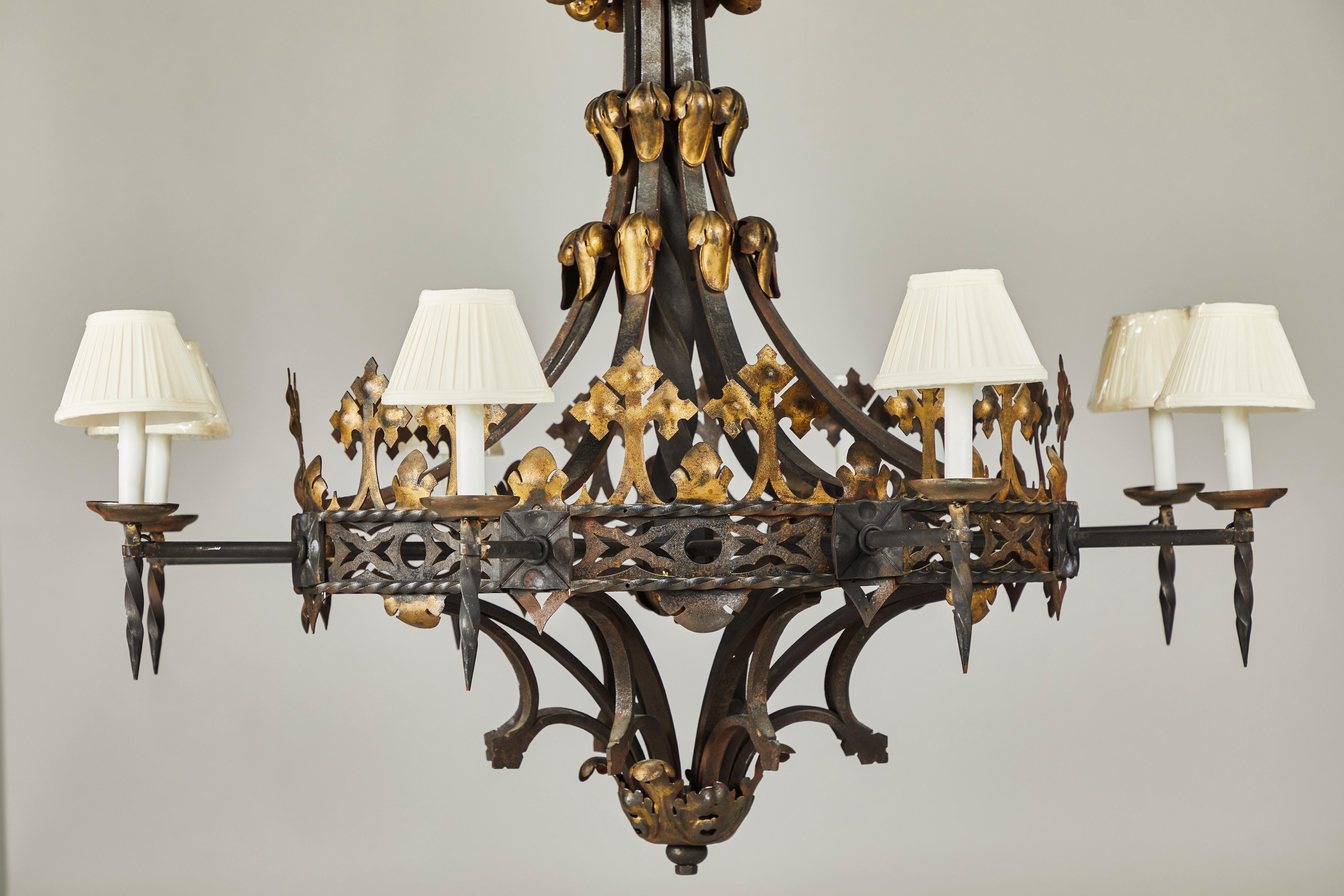 Large Wrought Iron and Gilt Decorated Chandelier, Late 19th Century For Sale 5