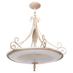 Large Wrought Iron Glass France Chandelier 1950s