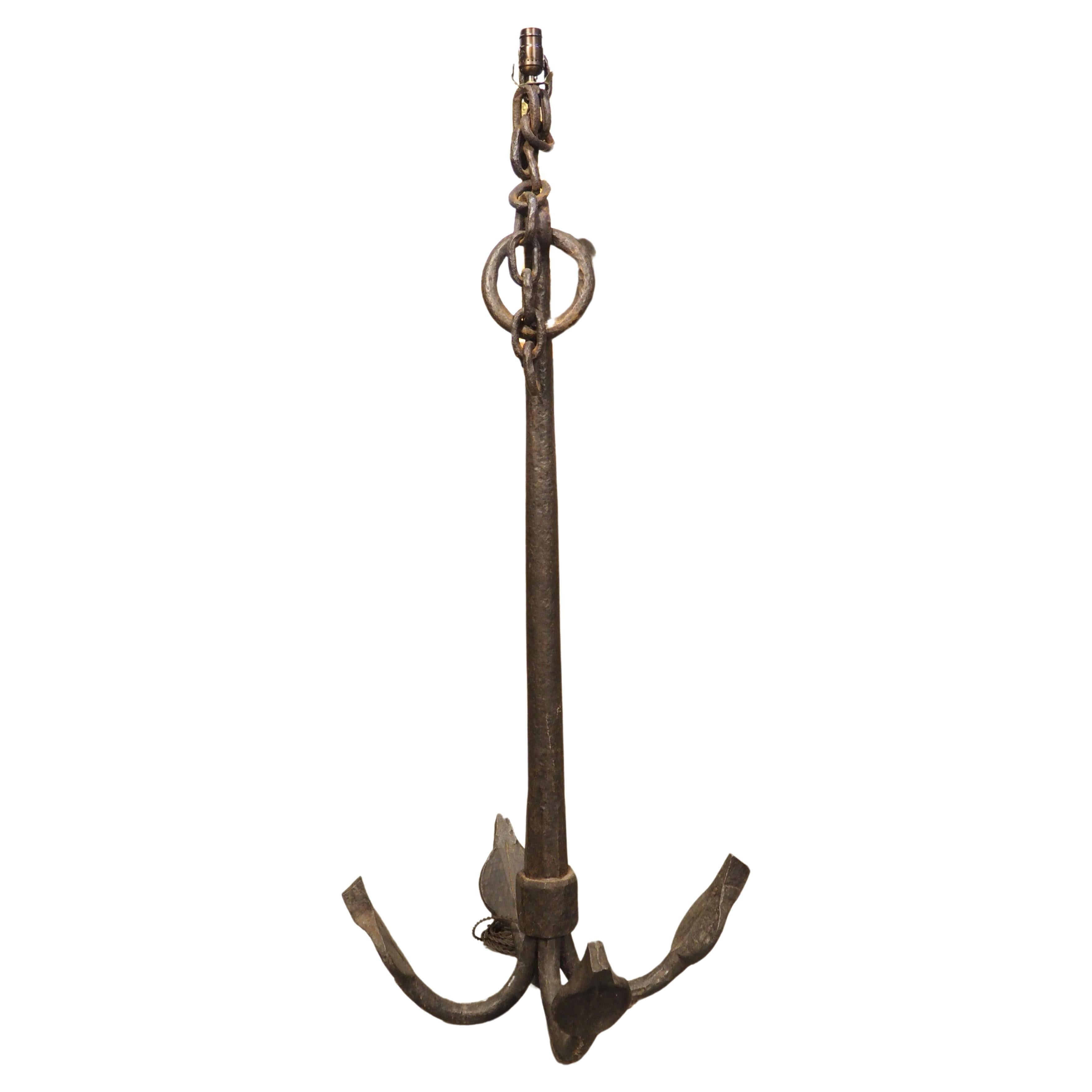 Large Wrought Iron Grapnel Style Boat Anchor Fitted as Lamp, France 19th Century For Sale