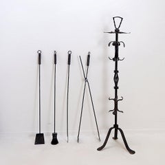 Large Wrought Iron Hammered Fireplace Tool Set : H 127cm