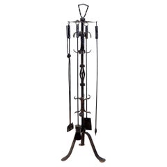 Large Wrought Iron Hammered Fireplace Tool Set : H 127cm