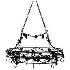 Large Wrought Iron Hanging Pot Rack with Grape Motif