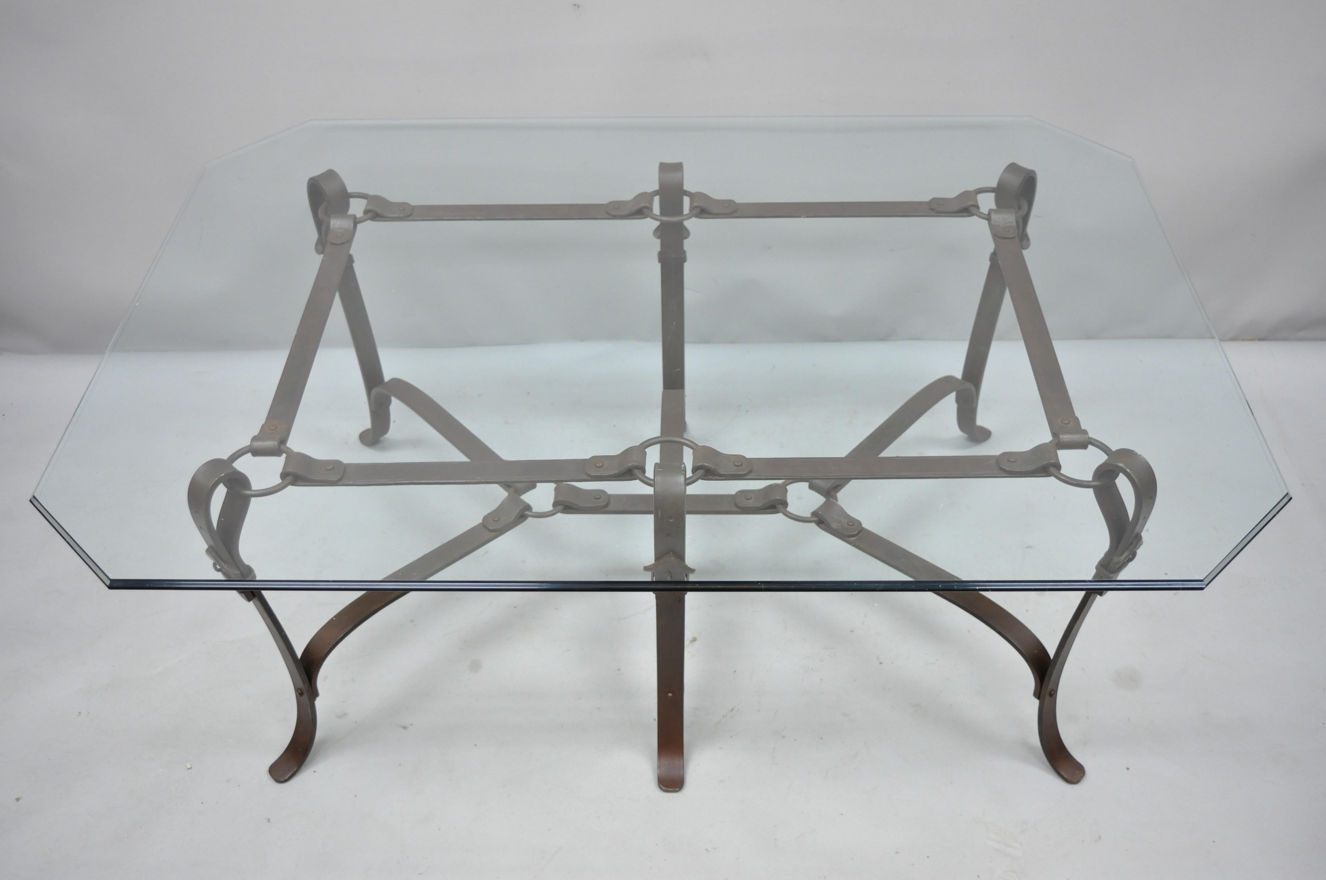 Large Wrought Iron Horsebit Belt Form Glass Top Coffee Table  1
