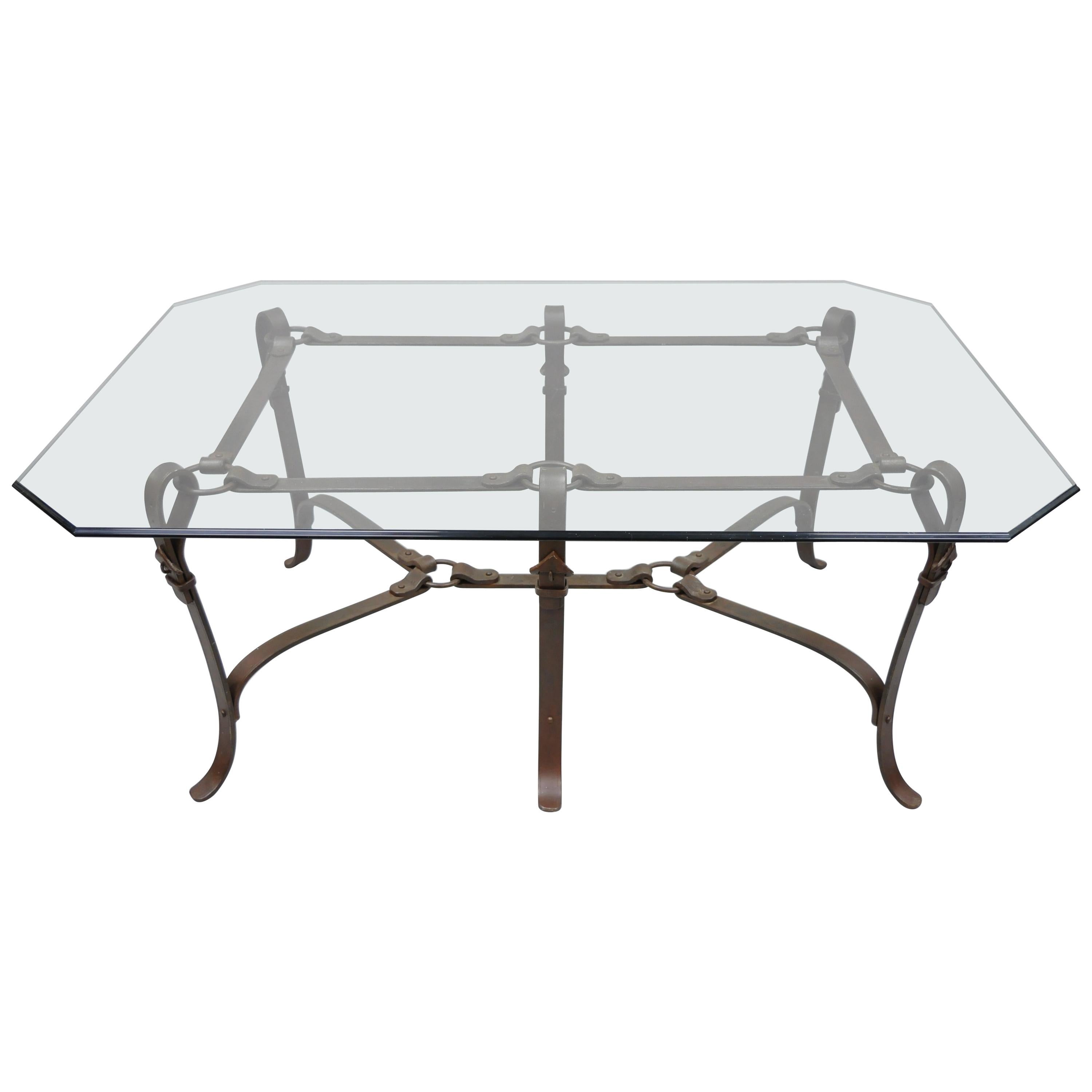 Large Wrought Iron Horsebit Belt Form Glass Top Coffee Table 