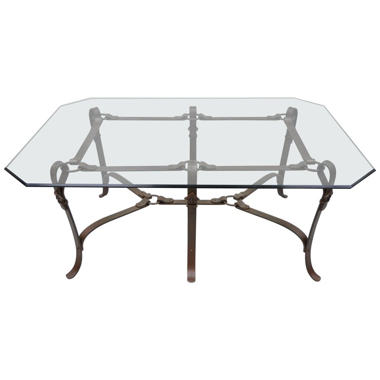 Large Wrought Iron Horsebit Belt Form Glass Top Coffee Table