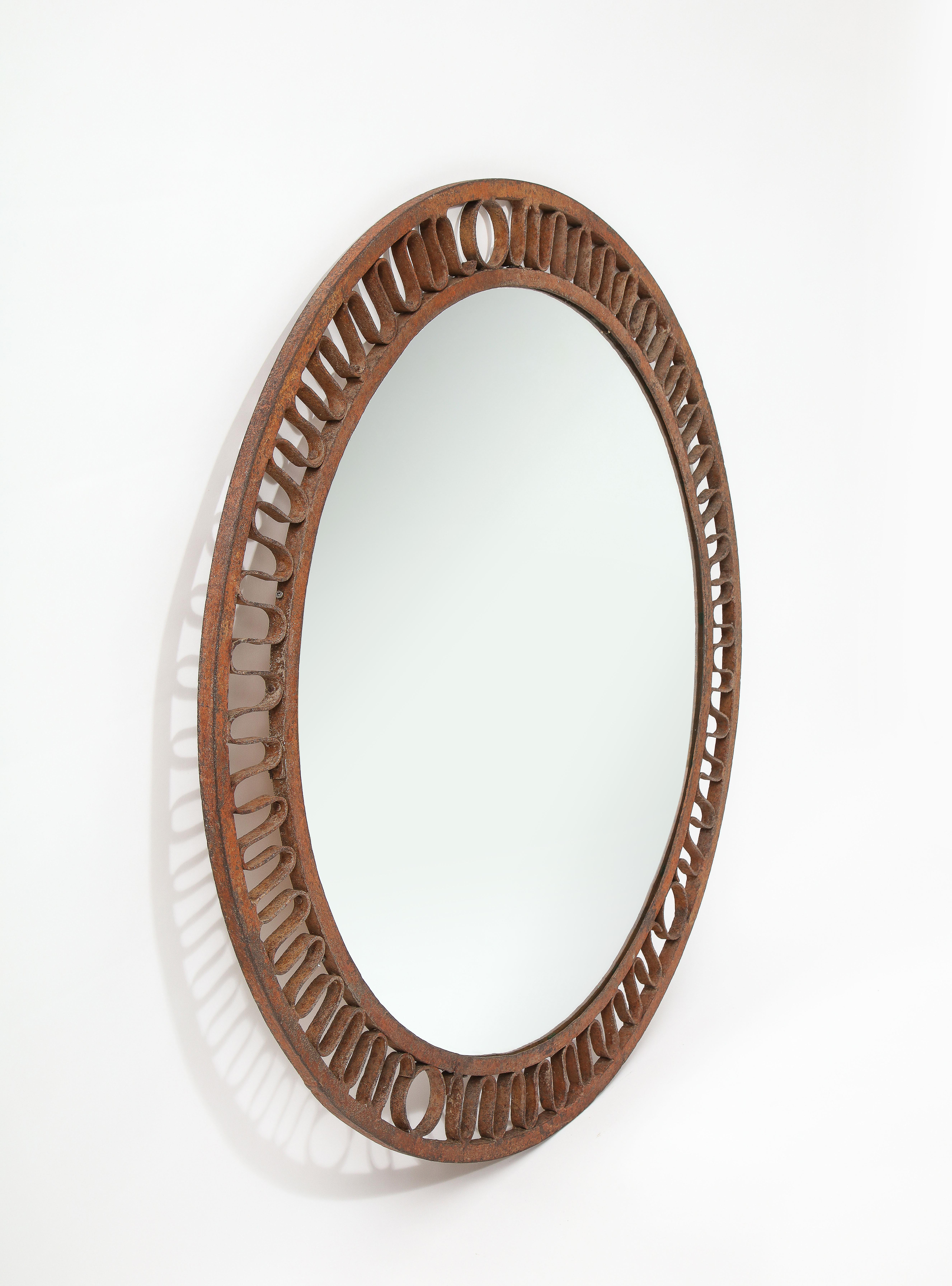 Large Wrought Iron Round Mirror, France 1950's For Sale 1