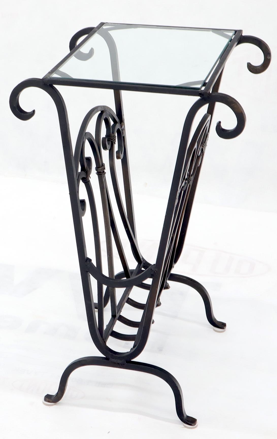 Large Wrought Iron Magazine Stand End Table with Glass Top In Excellent Condition In Rockaway, NJ