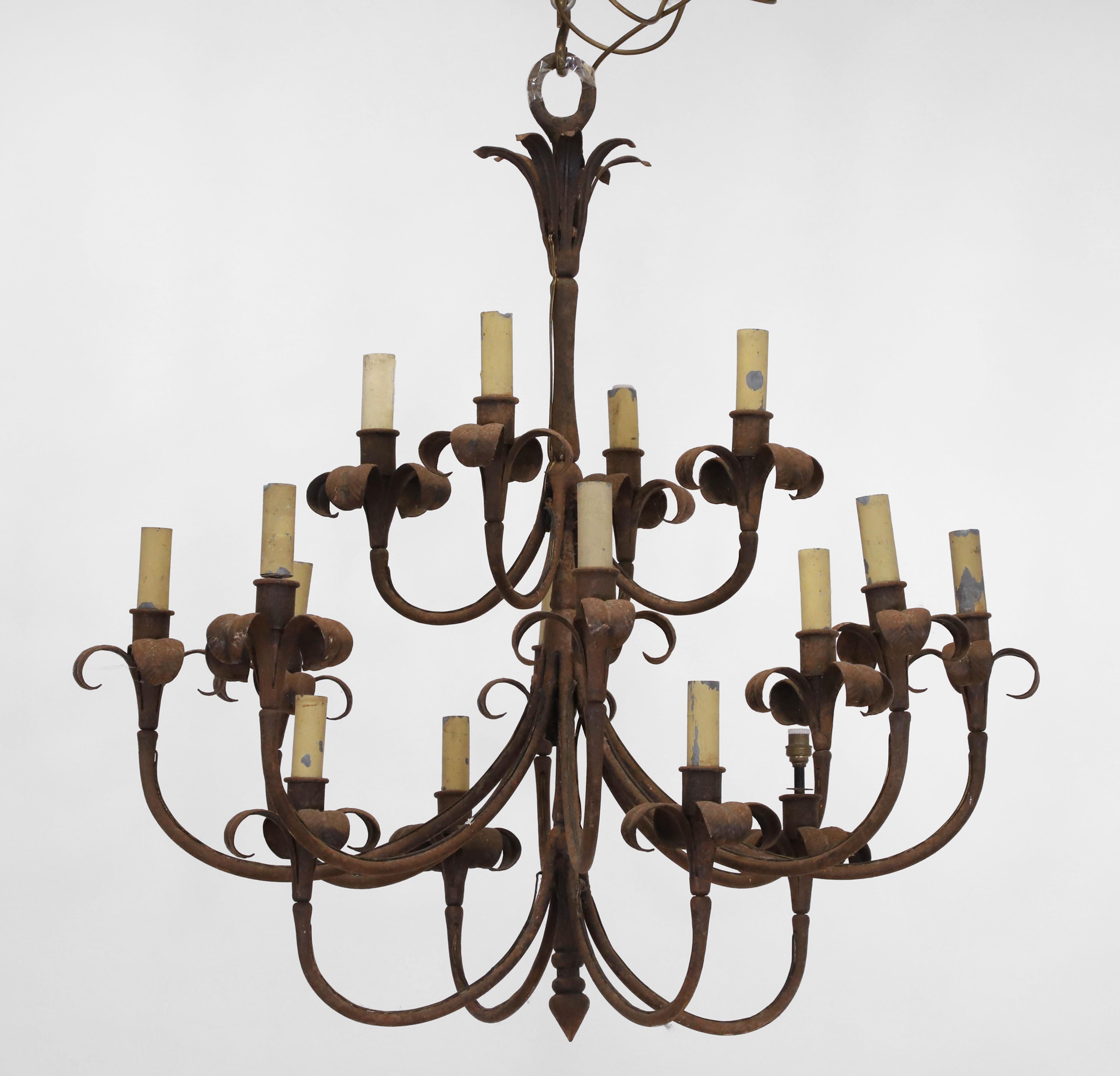 20th Century Large Wrought Iron Sixteen Light Chandelier For Sale