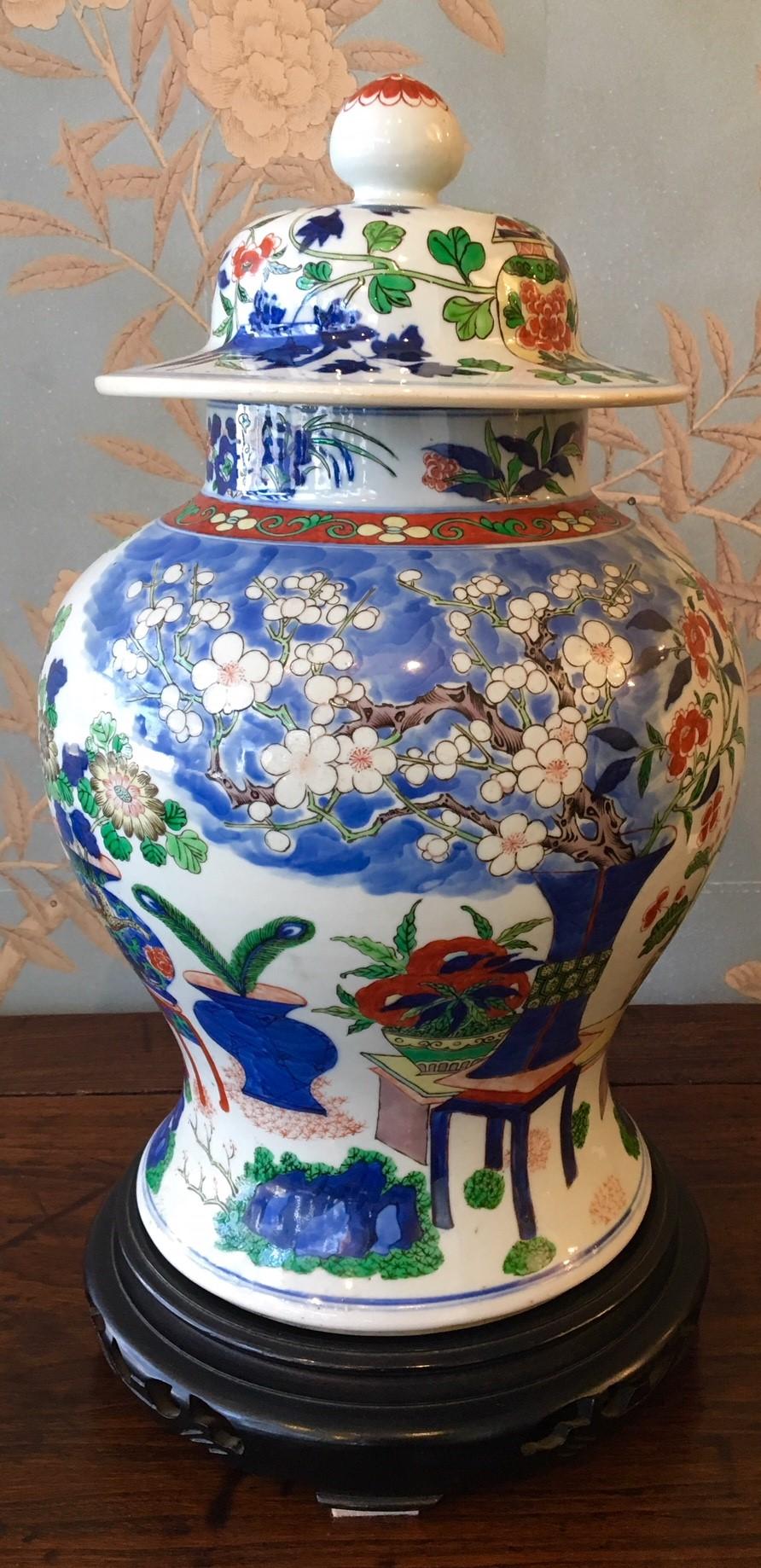 Hand-Painted Large Wucai Temple Jar with Base For Sale