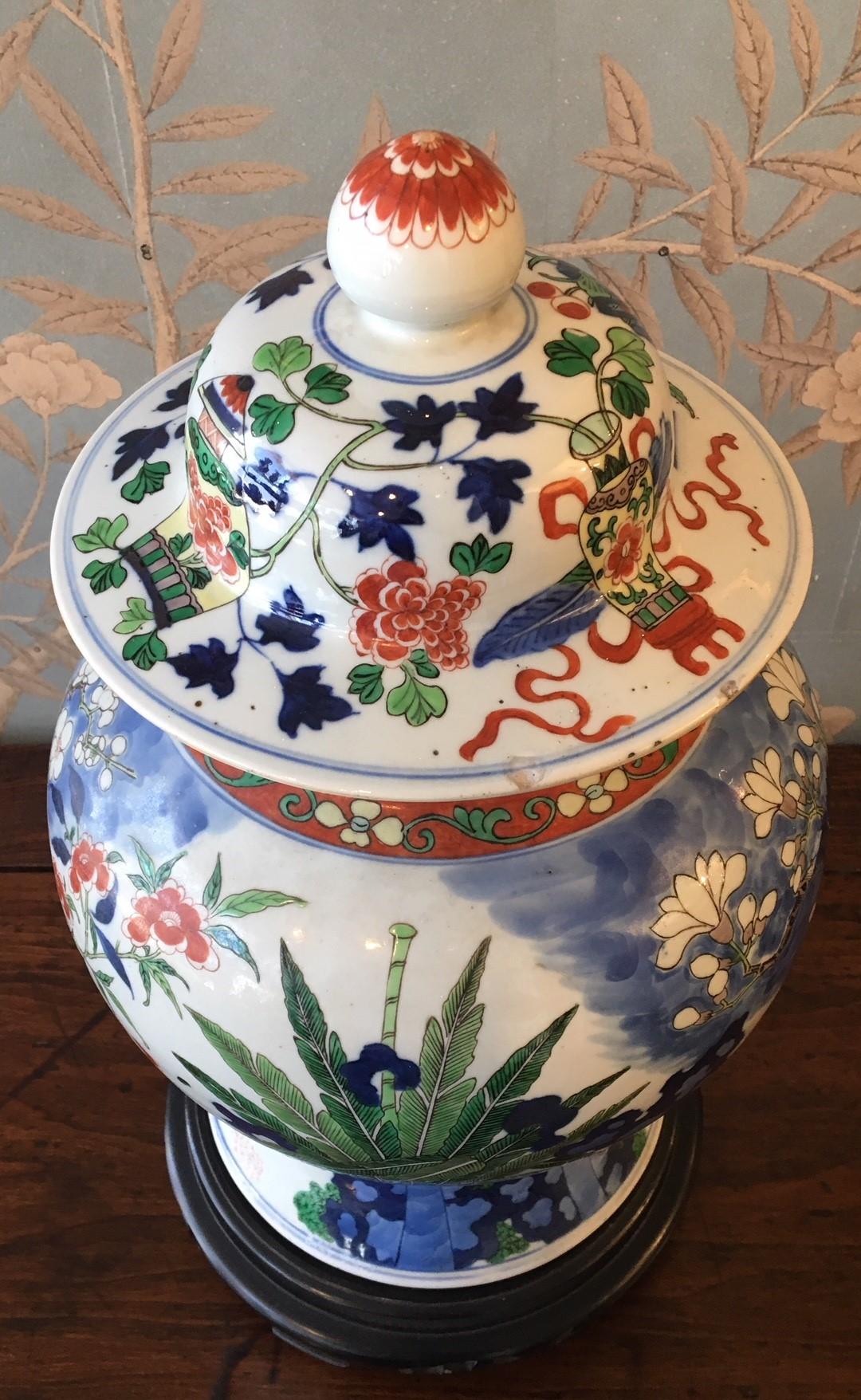 19th Century Large Wucai Temple Jar with Base For Sale